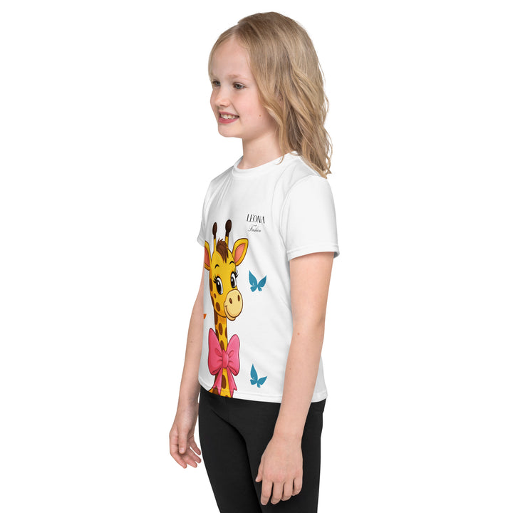 Giraffe Love Girls T-shirt, white background with a girl giraffe shown from the neck up, wearing a big pink bow around her neck and surrounded by blue and yellow butterflies, left side view on model