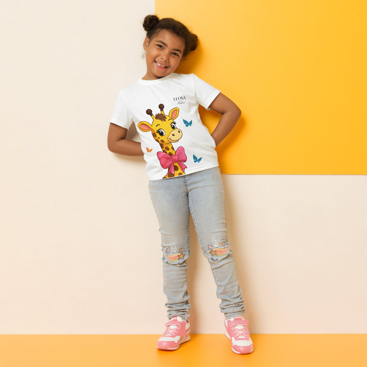 Giraffe Love Girls T-shirt, white background with a girl giraffe shown from the neck up, wearing a big pink bow around her neck and surrounded by blue and yellow butterflies, relaxed front pose on model-with a visible 'Leona Fashion' text on the design