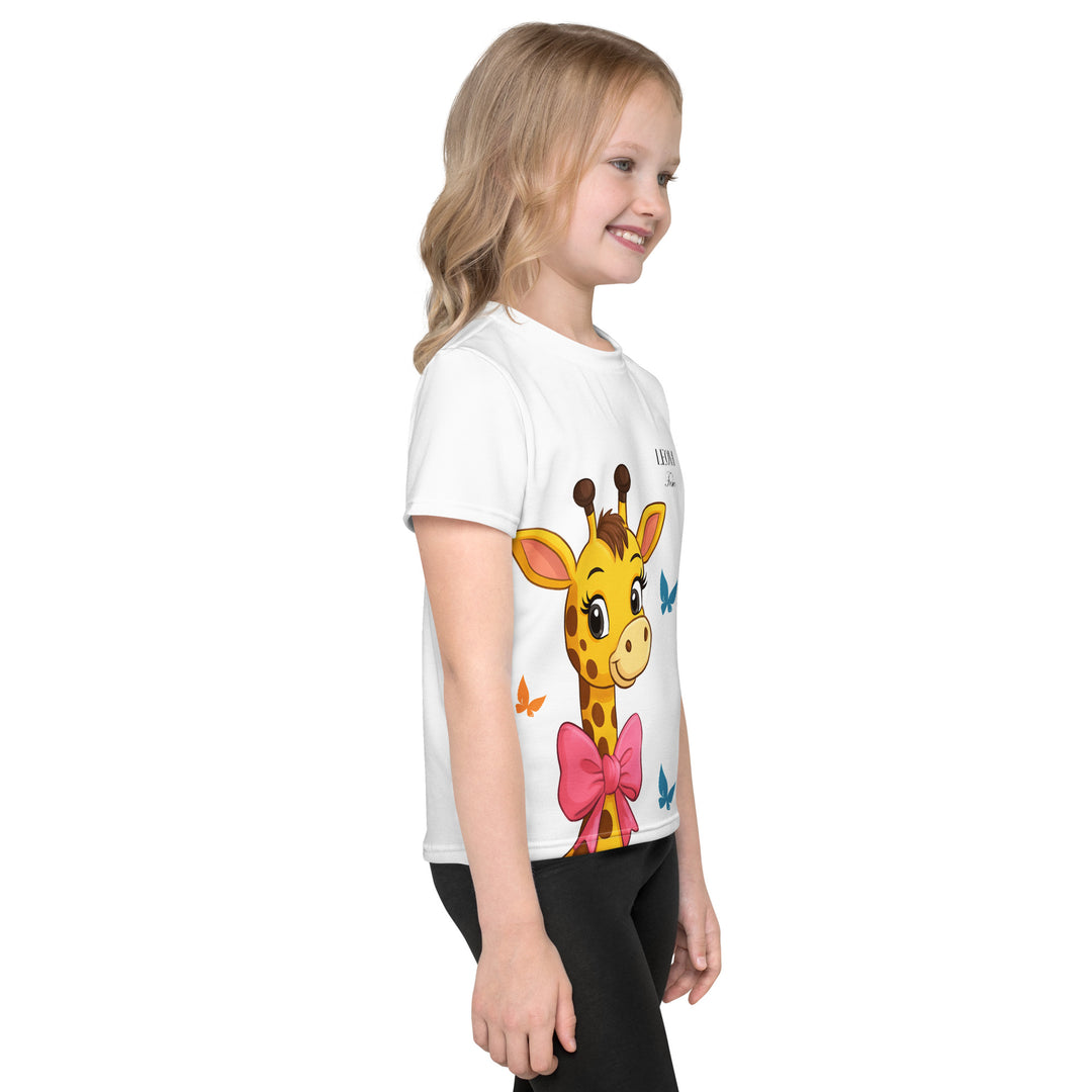 Giraffe Love Girls T-shirt, white background with a girl giraffe shown from the neck up, wearing a big pink bow around her neck and surrounded by blue and yellow butterflies, right side view on model