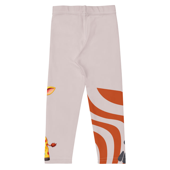 Giraffe Path Girls Leggings, cream background with a yellow giraffe featuring colorful polka dots on one leg, and orange-brown spots with dark gray giraffe footprints on the other leg, both designs starting from above the knee down, back view