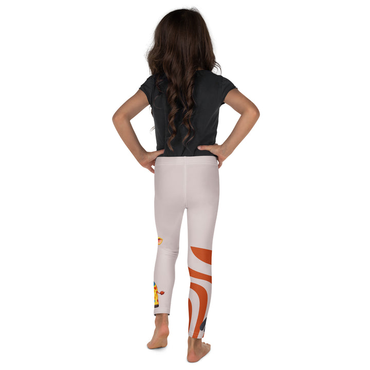 Giraffe Path Girls Leggings, cream background with a yellow giraffe featuring colorful polka dots on one leg, and orange-brown spots with dark gray giraffe footprints on the other leg, both designs starting from above the knee down, back view on model