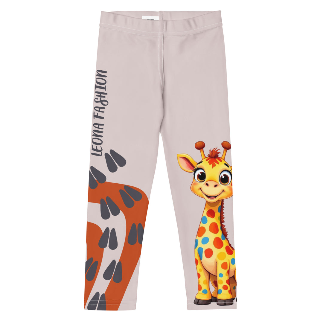 Giraffe Path Girls Leggings, cream background with a yellow giraffe featuring colorful polka dots on one leg, and orange-brown spots with dark gray giraffe footprints on the other leg, both designs starting from above the knee down, front view-with a visible 'Leona Fashion' text on the design