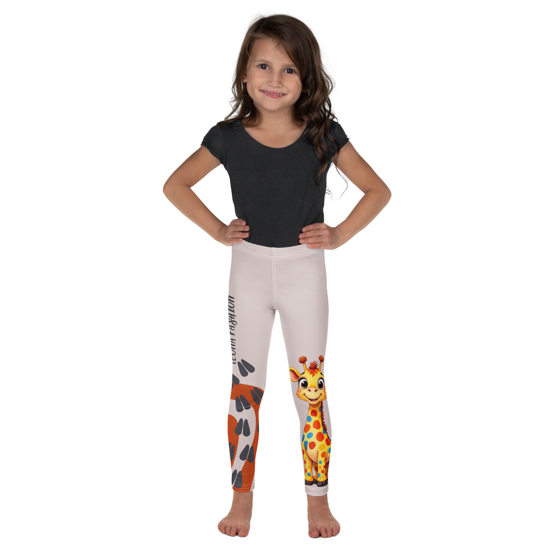  Giraffe Path Girls Leggings, cream background with a yellow giraffe featuring colorful polka dots on one leg, and orange-brown spots with dark gray giraffe footprints on the other leg, both designs starting from above the knee down, front view on model