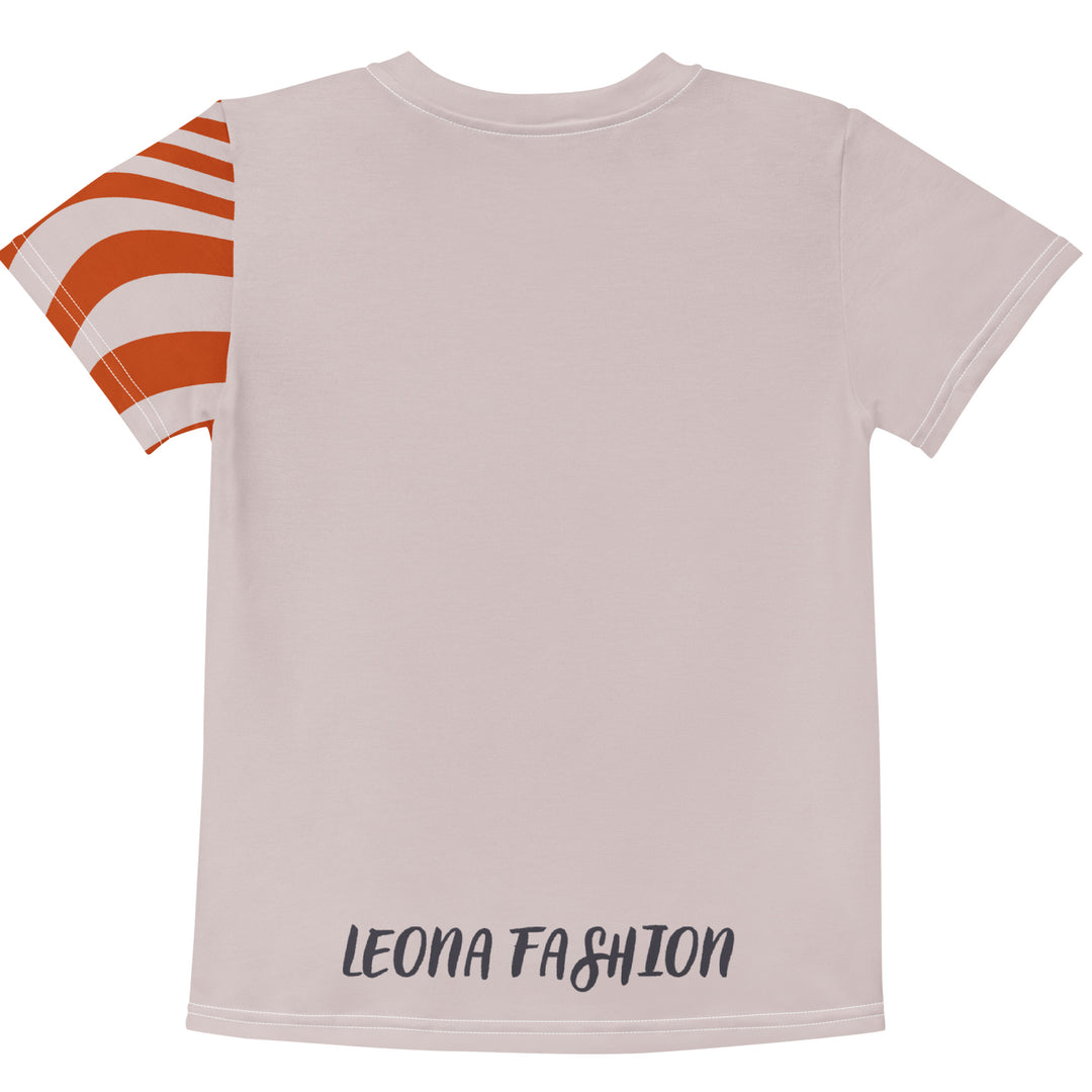  Giraffe Path Girls T-shirt, cream background with a smiling yellow giraffe featuring colorful polka dots on the front, dark gray giraffe paw prints behind, and brown-orange wavy lines on the left sleeve, back view-with a visible 'Leona Fashion' text on the design