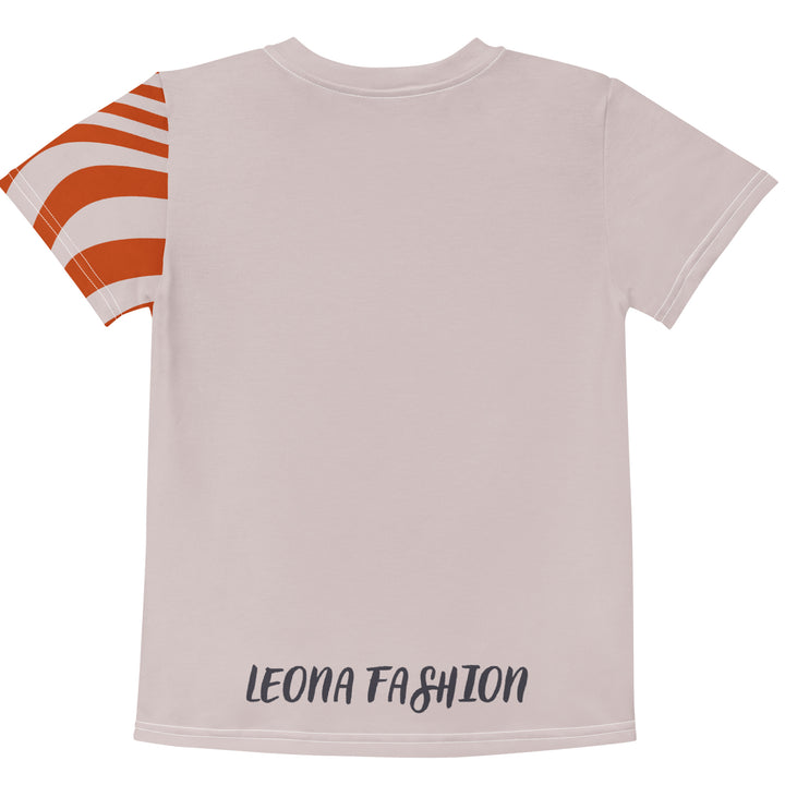  Giraffe Path Girls T-shirt, cream background with a smiling yellow giraffe featuring colorful polka dots on the front, dark gray giraffe paw prints behind, and brown-orange wavy lines on the left sleeve, back view-with a visible 'Leona Fashion' text on the design