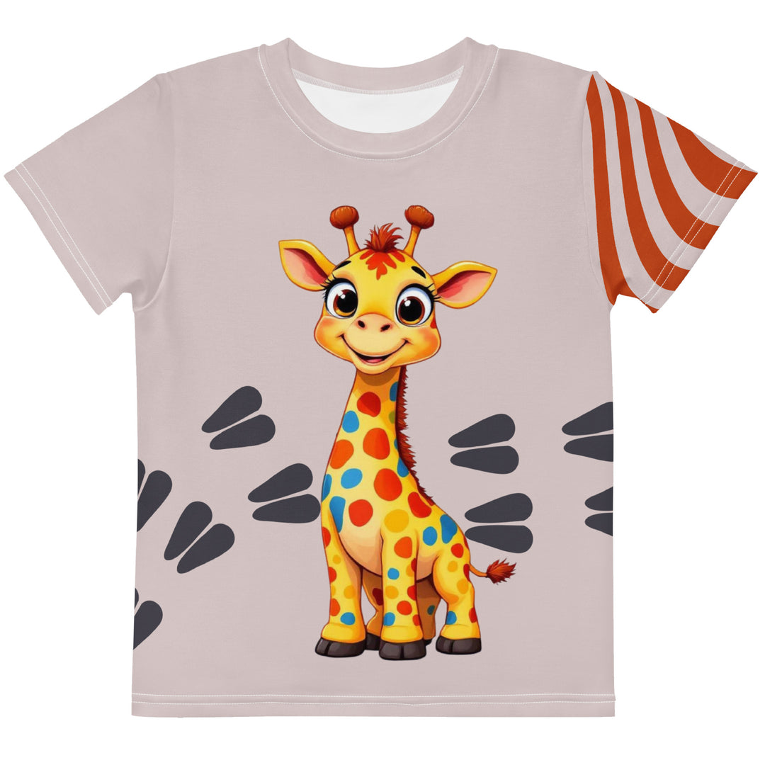 Giraffe Path Girls T-shirt, cream background with a smiling yellow giraffe featuring colorful polka dots on the front, dark gray giraffe paw prints behind, and brown-orange wavy lines on the left sleeve, front view