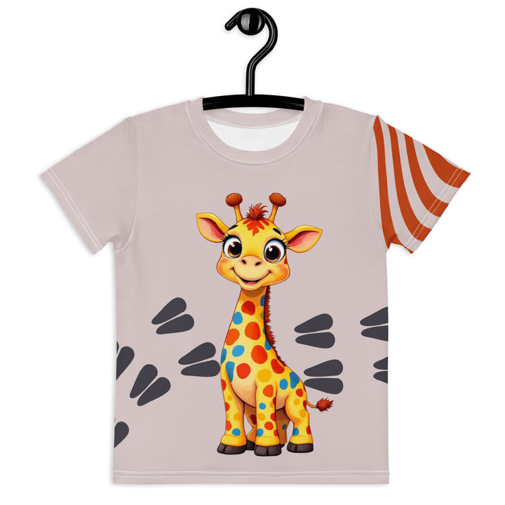  Giraffe Path Girls T-shirt, cream background with a smiling yellow giraffe featuring colorful polka dots on the front, dark gray giraffe paw prints behind, and brown-orange wavy lines on the left sleeve, front view on hanger