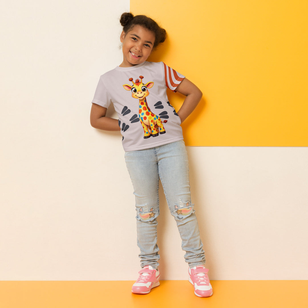Giraffe Path Girls T-shirt, cream background with a smiling yellow giraffe featuring colorful polka dots on the front, dark gray giraffe paw prints behind, and brown-orange wavy lines on the left sleeve, relaxed front pose on model