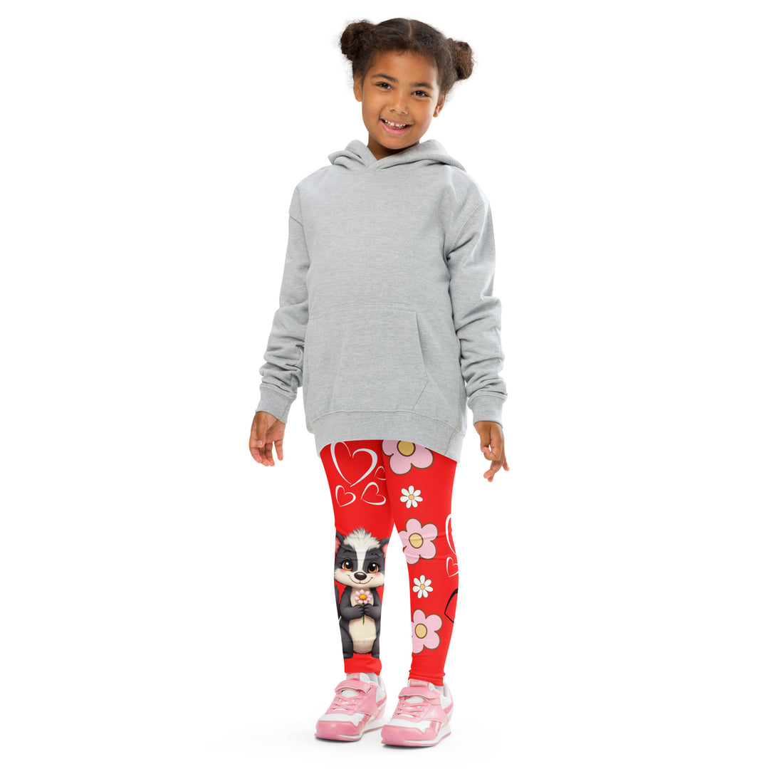 Heart Stinker Girls Leggings, red background with a black and white skunk holding a white flower in its hand, featuring white hearts and pink-and-white floral elements, front pose with arms at sides on model