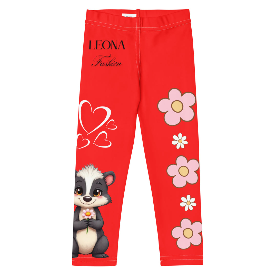 Heart Stinker Girls Leggings, red background with a black and white skunk holding a white flower in its hand, featuring white hearts and pink-and-white floral elements, front view-with a visible 'Leona Fashion' text on the design