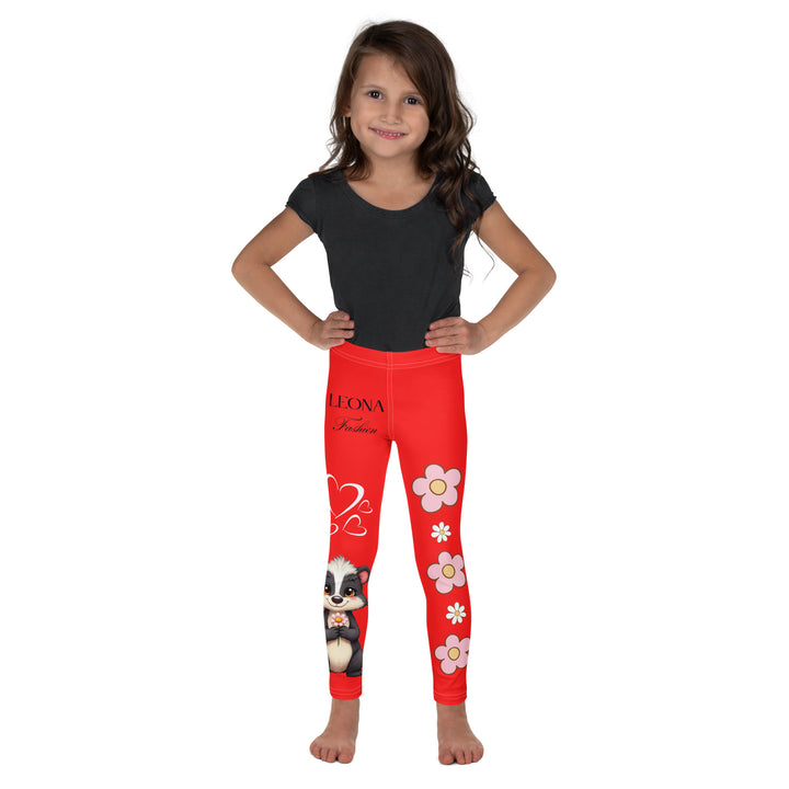  Heart Stinker Girls Leggings, red background with a black and white skunk holding a white flower in its hand, featuring white hearts and pink-and-white floral elements, relaxed front pose on model-with a visible 'Leona Fashion' text on the design