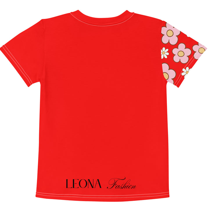 Heart Stinker Girls T-shirt, red background with a black and white skunk holding a white flower in its hand, black and white hearts and a white flower above, and pink-and-white floral details on the right sleeve, back view-with a visible 'Leona Fashion' text on the design