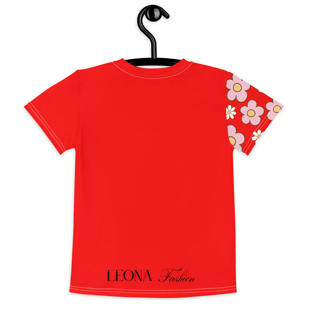 Heart Stinker Girls T-shirt, red background with a black and white skunk holding a white flower in its hand, black and white hearts and a white flower above, and pink-and-white floral details on the right sleeve, back view on hanger-with a visible 'Leona Fashion' text on the design