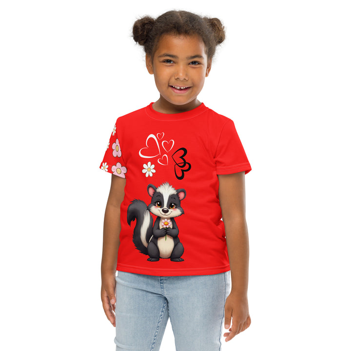 Heart Stinker Girls T-shirt, red background with a black and white skunk holding a white flower in its hand, black and white hearts and a white flower above, and pink-and-white floral details on the right sleeve, front pose with arms at sides on model