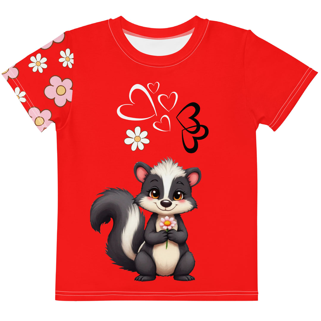 Heart Stinker Girls T-shirt, red background with a black and white skunk holding a white flower in its hand, black and white hearts and a white flower above, and pink-and-white floral details on the right sleeve, front view