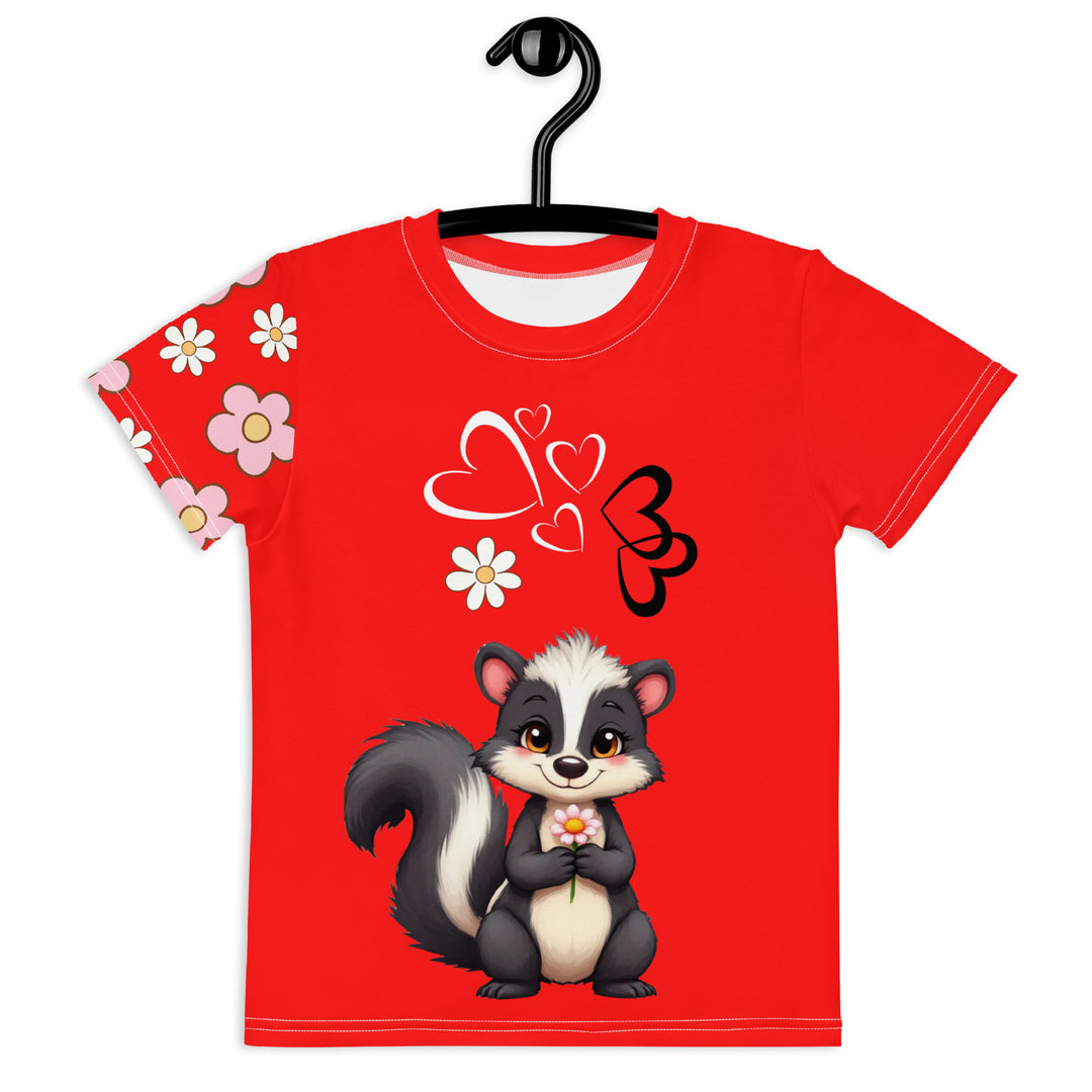 Heart Stinker Girls T-shirt, red background with a black and white skunk holding a white flower in its hand, black and white hearts and a white flower above, and pink-and-white floral details on the right sleeve, front view on hanger