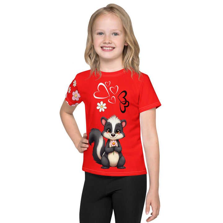  Heart Stinker Girls T-shirt, red background with a black and white skunk holding a white flower in its hand, black and white hearts and a white flower above, and pink-and-white floral details on the right sleeve, front view on model