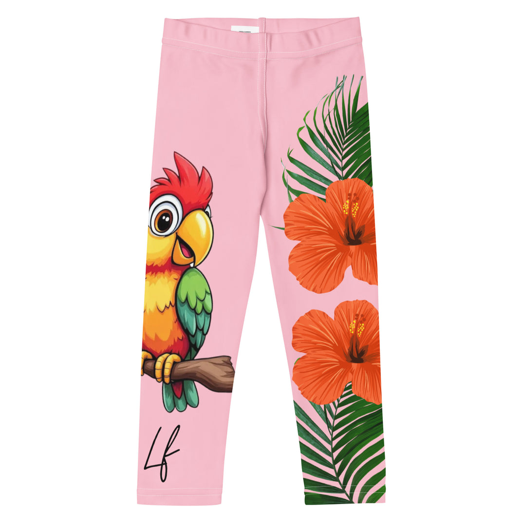 Jungle Parrot Girls Leggings, light pink background with a red, yellow, orange, and green parrot standing on a branch on one leg, and green jungle leaves with two large orange flowers running down the other leg, front view