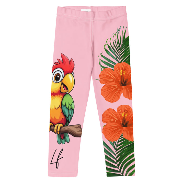 Jungle Parrot Girls Leggings, light pink background with a red, yellow, orange, and green parrot standing on a branch on one leg, and green jungle leaves with two large orange flowers running down the other leg, front view