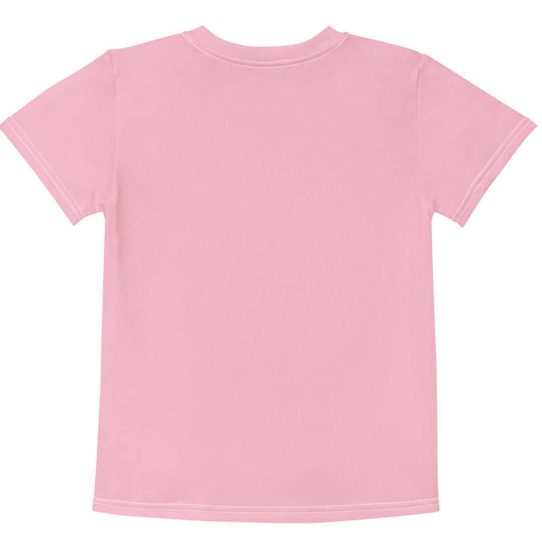 Jungle Parrot Girls T-shirt, light pink background with a red, yellow, orange, and green parrot standing on a branch on the front, back view