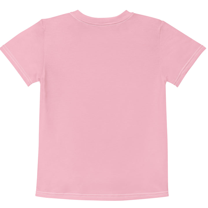 Jungle Parrot Girls T-shirt, light pink background with a red, yellow, orange, and green parrot standing on a branch on the front, back view