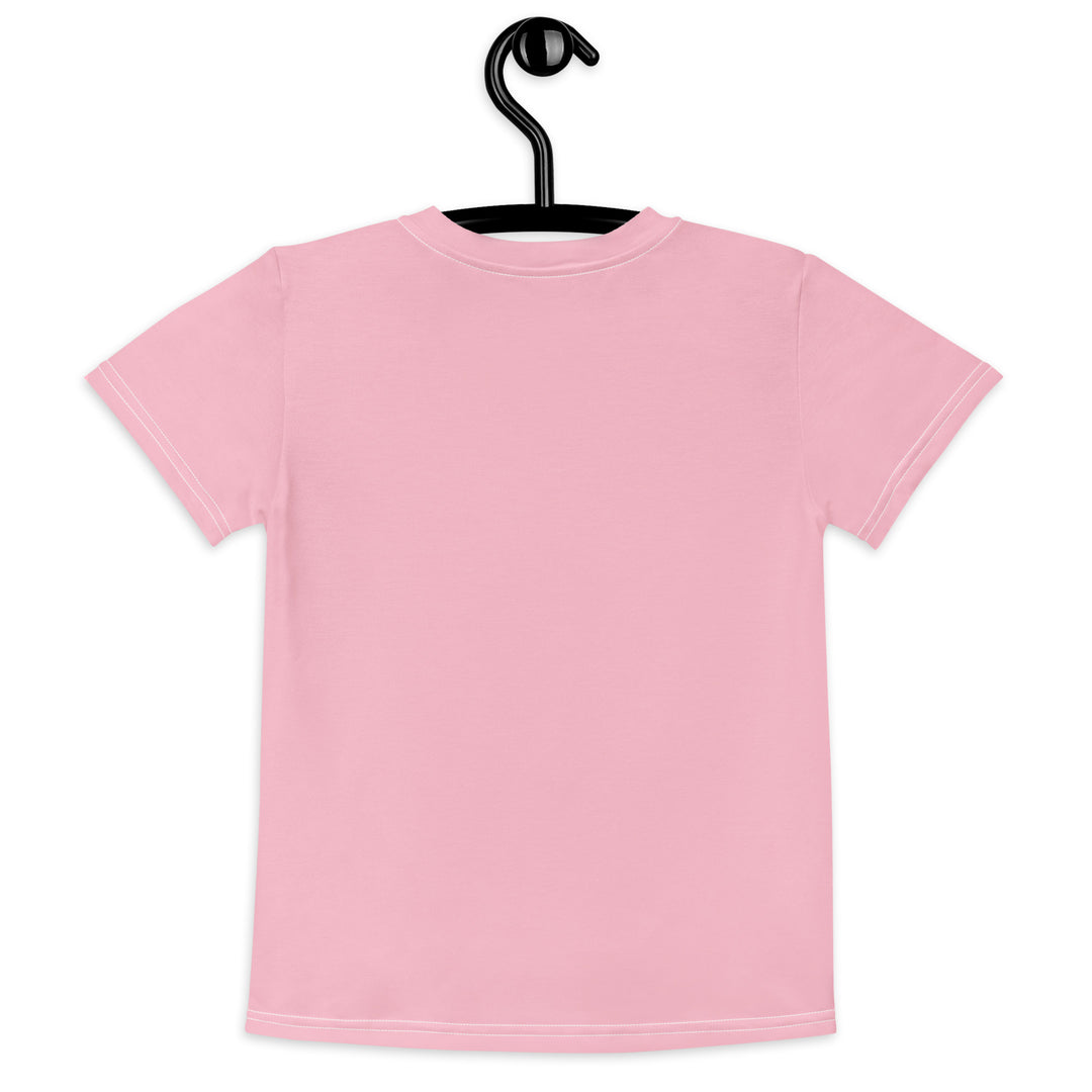  Jungle Parrot Girls T-shirt, light pink background with a red, yellow, orange, and green parrot standing on a branch on the front, back view on hanger