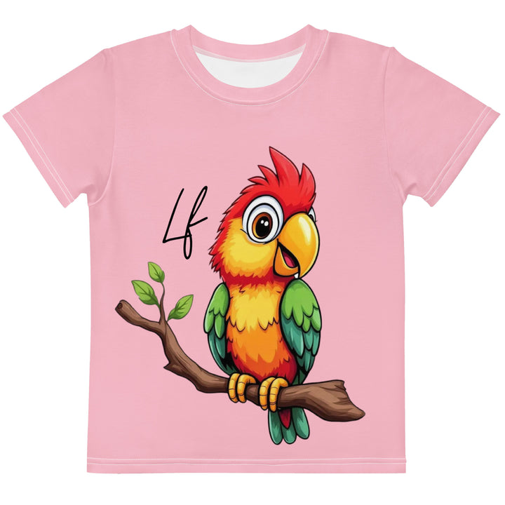 Jungle Parrot Girls T-shirt, light pink background with a red, yellow, orange, and green parrot standing on a branch on the front, front view