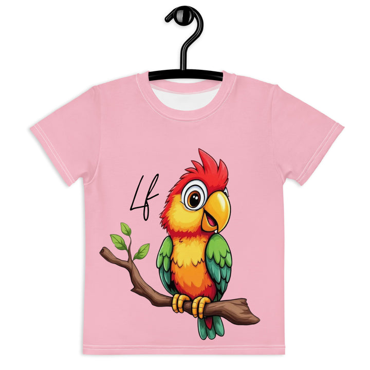 Jungle Parrot Girls T-shirt, light pink background with a red, yellow, orange, and green parrot standing on a branch on the front, front view on hanger