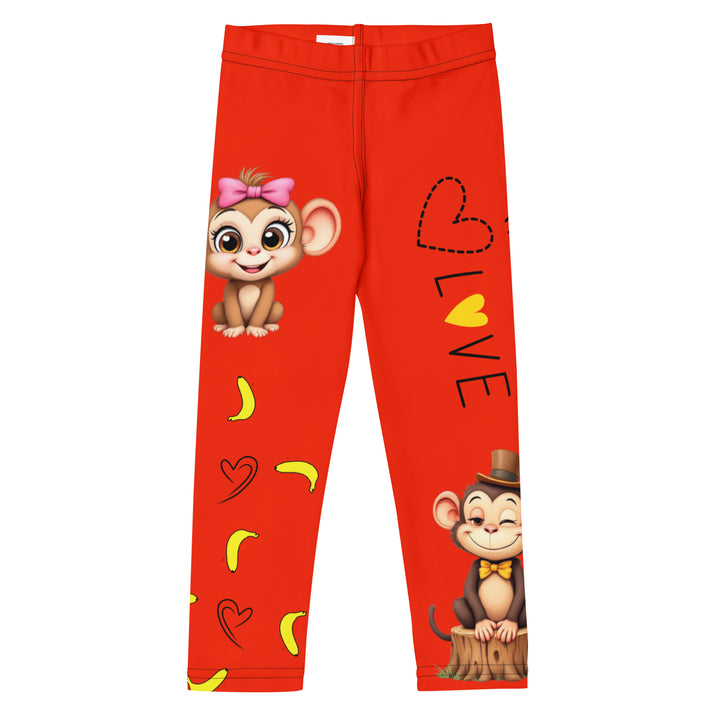  Love Monkey Girls Leggings, red background with a smiling female monkey with big eyes and a pink bow on the head at the top of one leg, yellow bananas with black drawn hearts below, and a winking male monkey wearing a hat sitting on a tree stump near the bottom of the other leg, with the word "LOVE" above, front view