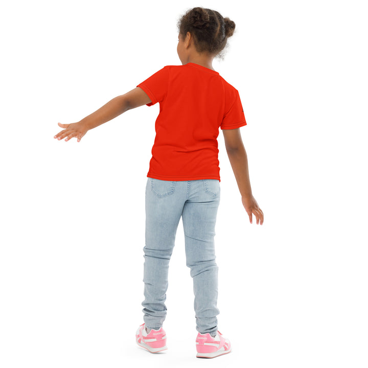 Love Monkey Girls T-shirt, red background with a smiling female monkey with a pink bow on her head and big eyes, sitting on a black "LOVE" text with a black and yellow heart, back pose on model