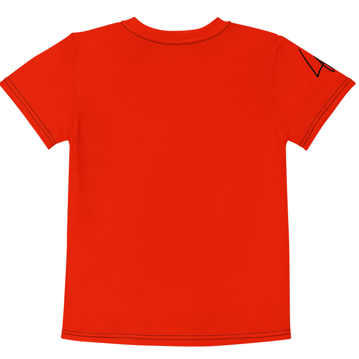 Love Monkey Girls T-shirt, red background with a smiling female monkey with a pink bow on her head and big eyes, sitting on a black "LOVE" text with a black and yellow heart, back view