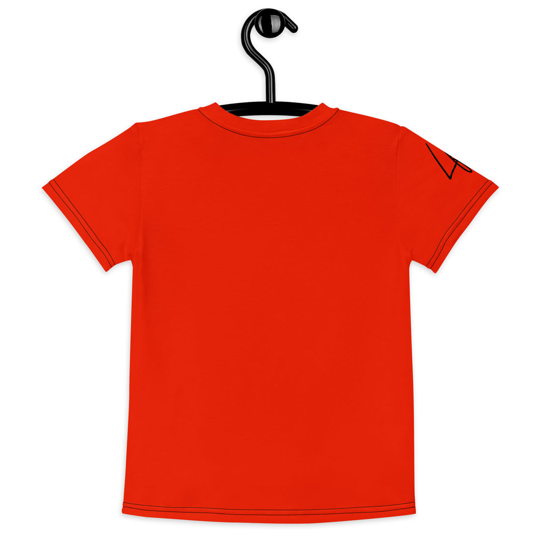 Love Monkey Girls T-shirt, red background with a smiling female monkey with a pink bow on her head and big eyes, sitting on a black "LOVE" text with a black and yellow heart, back view on hanger