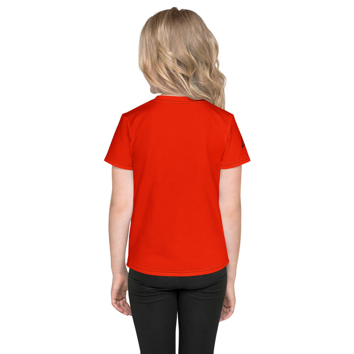  Love Monkey Girls T-shirt, red background with a smiling female monkey with a pink bow on her head and big eyes, sitting on a black "LOVE" text with a black and yellow heart, back view on model
