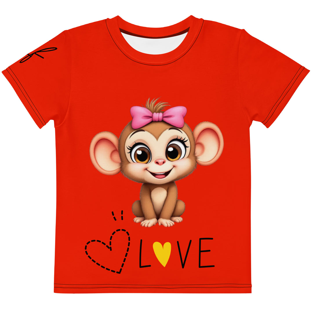  Love Monkey Girls T-shirt, red background with a smiling female monkey with a pink bow on her head and big eyes, sitting on a black "LOVE" text with a black and yellow heart, front view