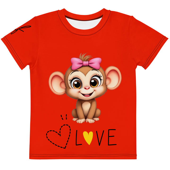  Love Monkey Girls T-shirt, red background with a smiling female monkey with a pink bow on her head and big eyes, sitting on a black "LOVE" text with a black and yellow heart, front view