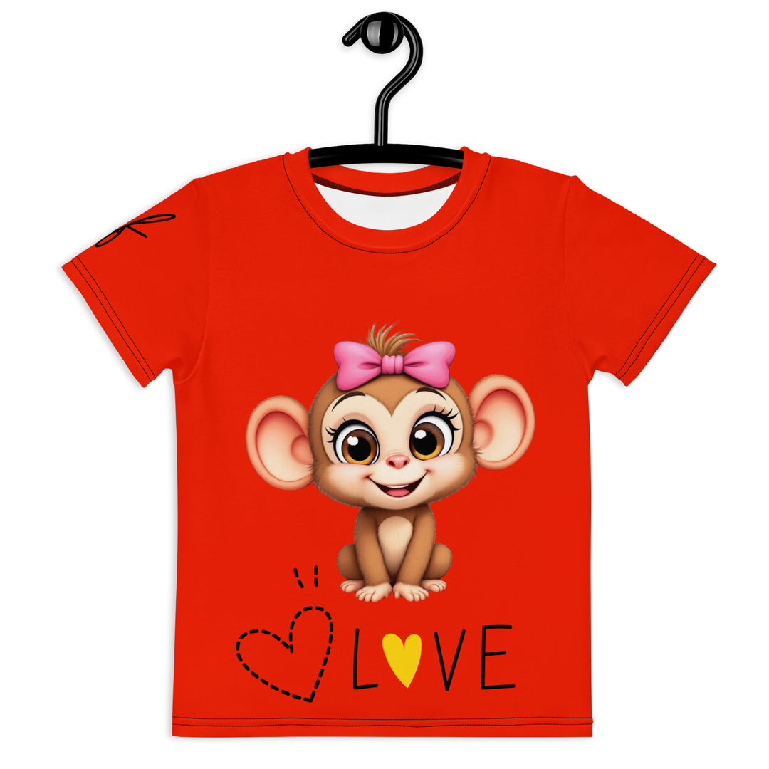Love Monkey Girls T-shirt, red background with a smiling female monkey with a pink bow on her head and big eyes, sitting on a black "LOVE" text with a black and yellow heart, front view on hanger
