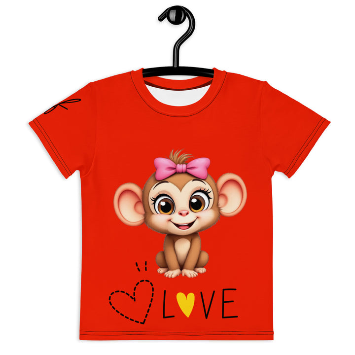 Love Monkey Girls T-shirt, red background with a smiling female monkey with a pink bow on her head and big eyes, sitting on a black "LOVE" text with a black and yellow heart, front view on hanger