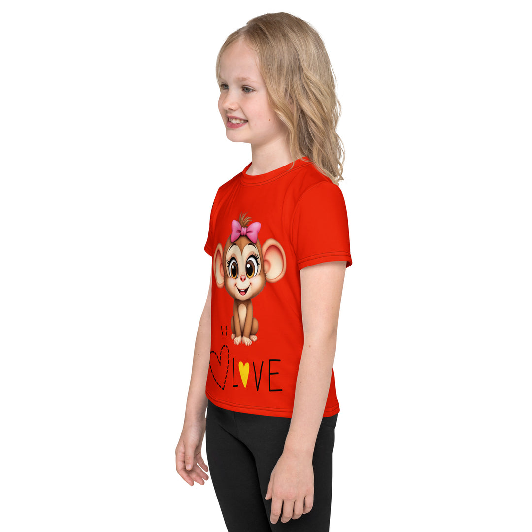 Love Monkey Girls T-shirt, red background with a smiling female monkey with a pink bow on her head and big eyes, sitting on a black "LOVE" text with a black and yellow heart, right side view on model