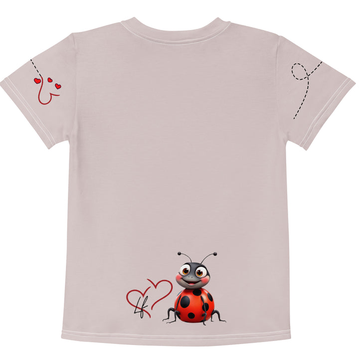 Lovebugs Girls T-shirt, sand-colored background with a smiling female ladybug with big eyes on the front, a happy male ladybug with a heart beside him on the back, and hearts with connecting lines on both sleeves, back view