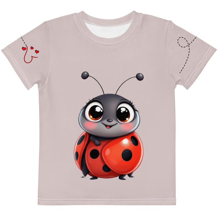  Lovebugs Girls T-shirt, sand-colored background with a smiling female ladybug with big eyes on the front, a happy male ladybug with a heart beside him on the back, and hearts with connecting lines on both sleeves, front view