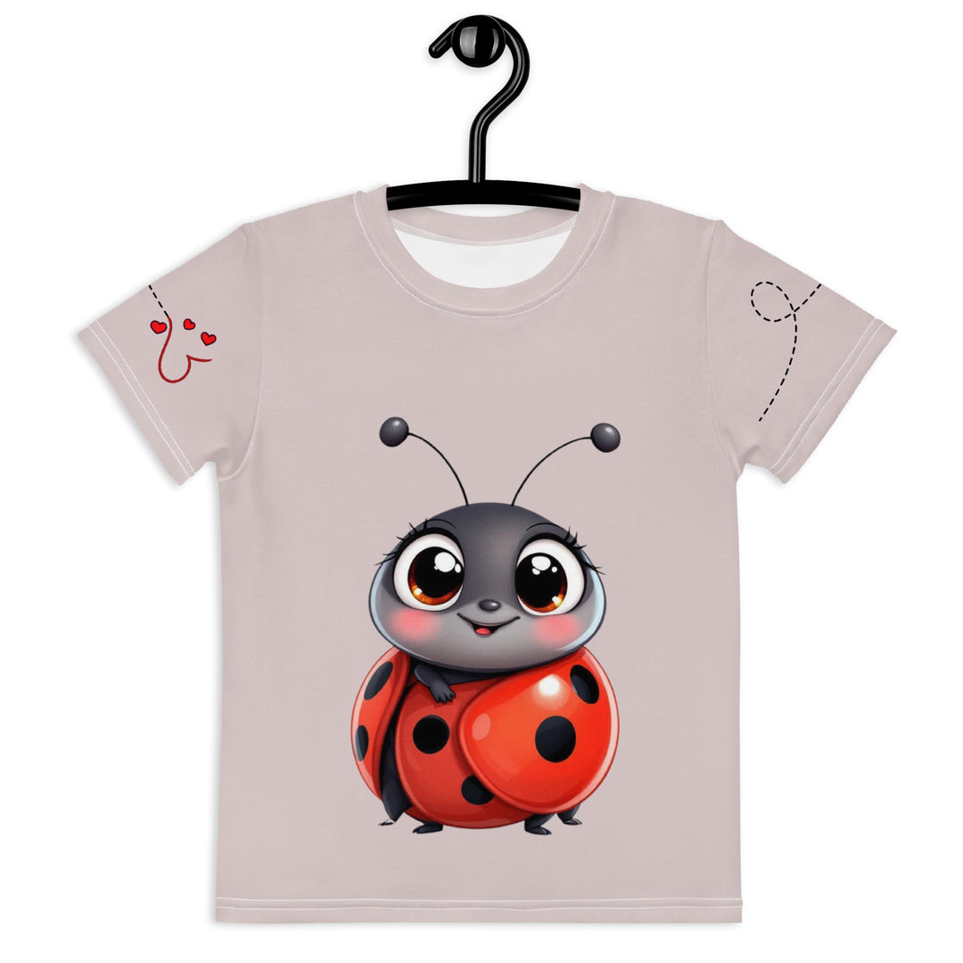  Lovebugs Girls T-shirt, sand-colored background with a smiling female ladybug with big eyes on the front, a happy male ladybug with a heart beside him on the back, and hearts with connecting lines on both sleeves, front view on hanger