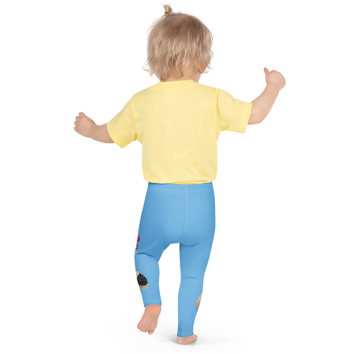  Mama & Me Ostrich Girls Leggings, sky blue background with a large white mother ostrich wearing a pink bow on her head on one leg, "MOM" text in black and pink above, and a smaller white daughter ostrich with black wings and a pink bow on her head on the other leg, back pose on model