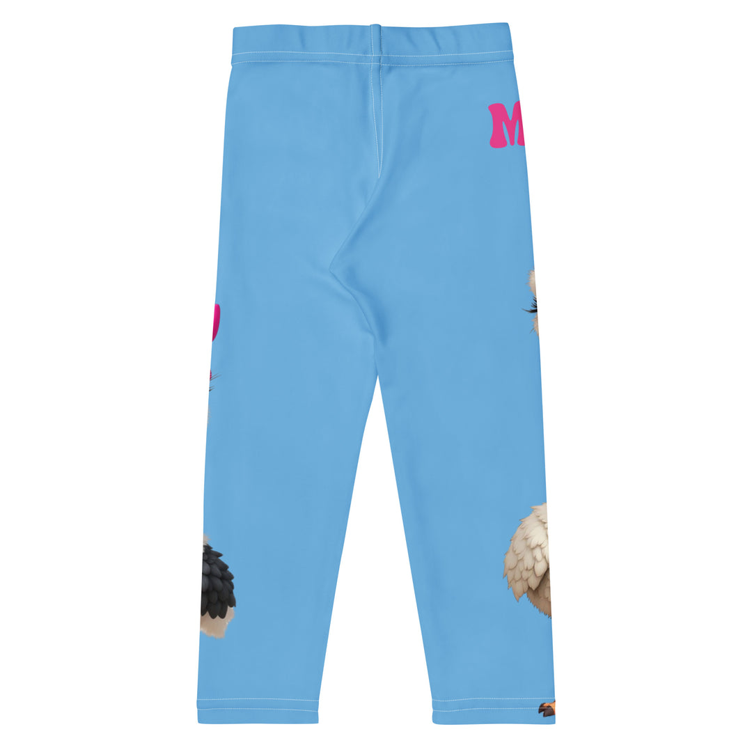 Mama & Me Ostrich Girls Leggings, sky blue background with a large white mother ostrich wearing a pink bow on her head on one leg, "MOM" text in black and pink above, and a smaller white daughter ostrich with black wings and a pink bow on her head on the other leg, back view