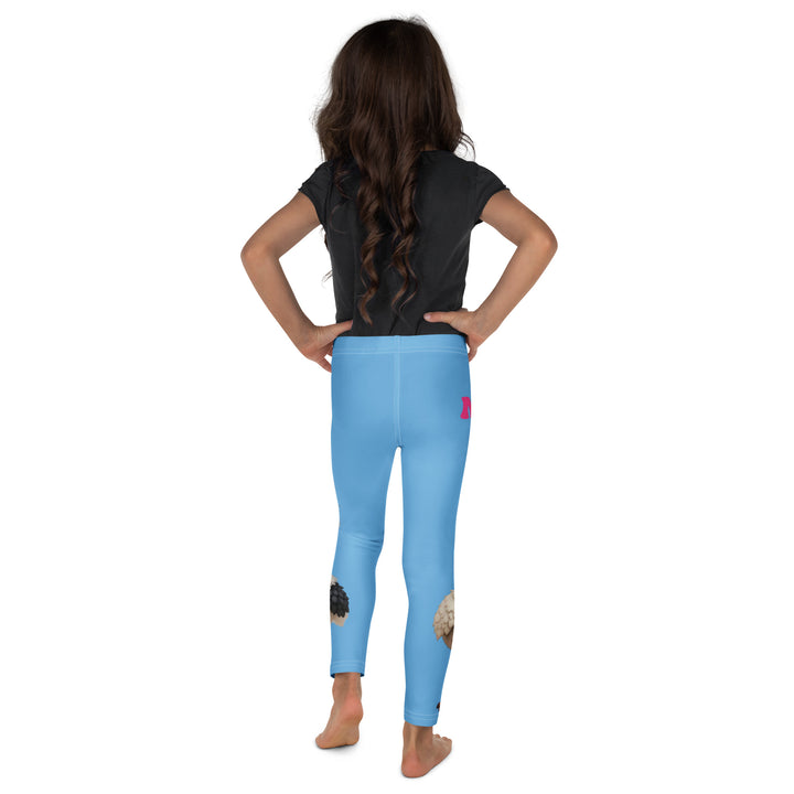 Mama & Me Ostrich Girls Leggings, sky blue background with a large white mother ostrich wearing a pink bow on her head on one leg, "MOM" text in black and pink above, and a smaller white daughter ostrich with black wings and a pink bow on her head on the other leg, back view on model