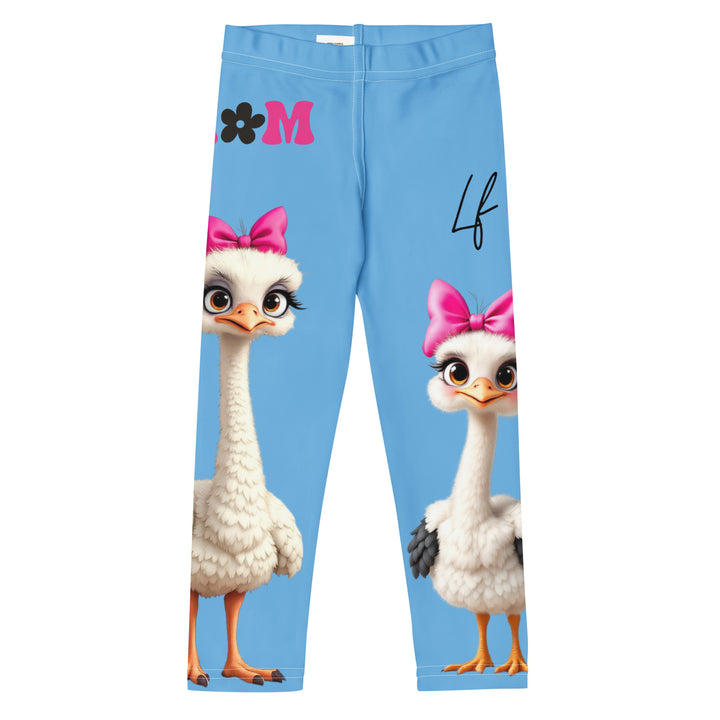 Mama & Me Ostrich Girls Leggings, sky blue background with a large white mother ostrich wearing a pink bow on her head on one leg, "MOM" text in black and pink above, and a smaller white daughter ostrich with black wings and a pink bow on her head on the other leg, front view