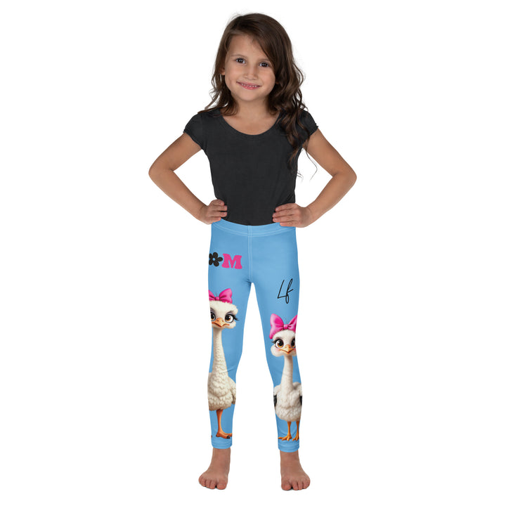 Mama & Me Ostrich Girls Leggings, sky blue background with a large white mother ostrich wearing a pink bow on her head on one leg, "MOM" text in black and pink above, and a smaller white daughter ostrich with black wings and a pink bow on her head on the other leg, front view on model