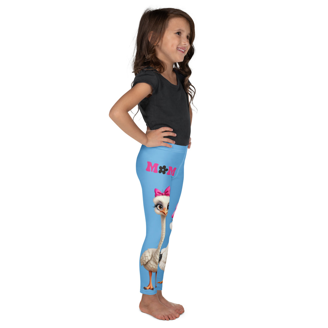  Mama & Me Ostrich Girls Leggings, sky blue background with a large white mother ostrich wearing a pink bow on her head on one leg, "MOM" text in black and pink above, and a smaller white daughter ostrich with black wings and a pink bow on her head on the other leg, right side view on model