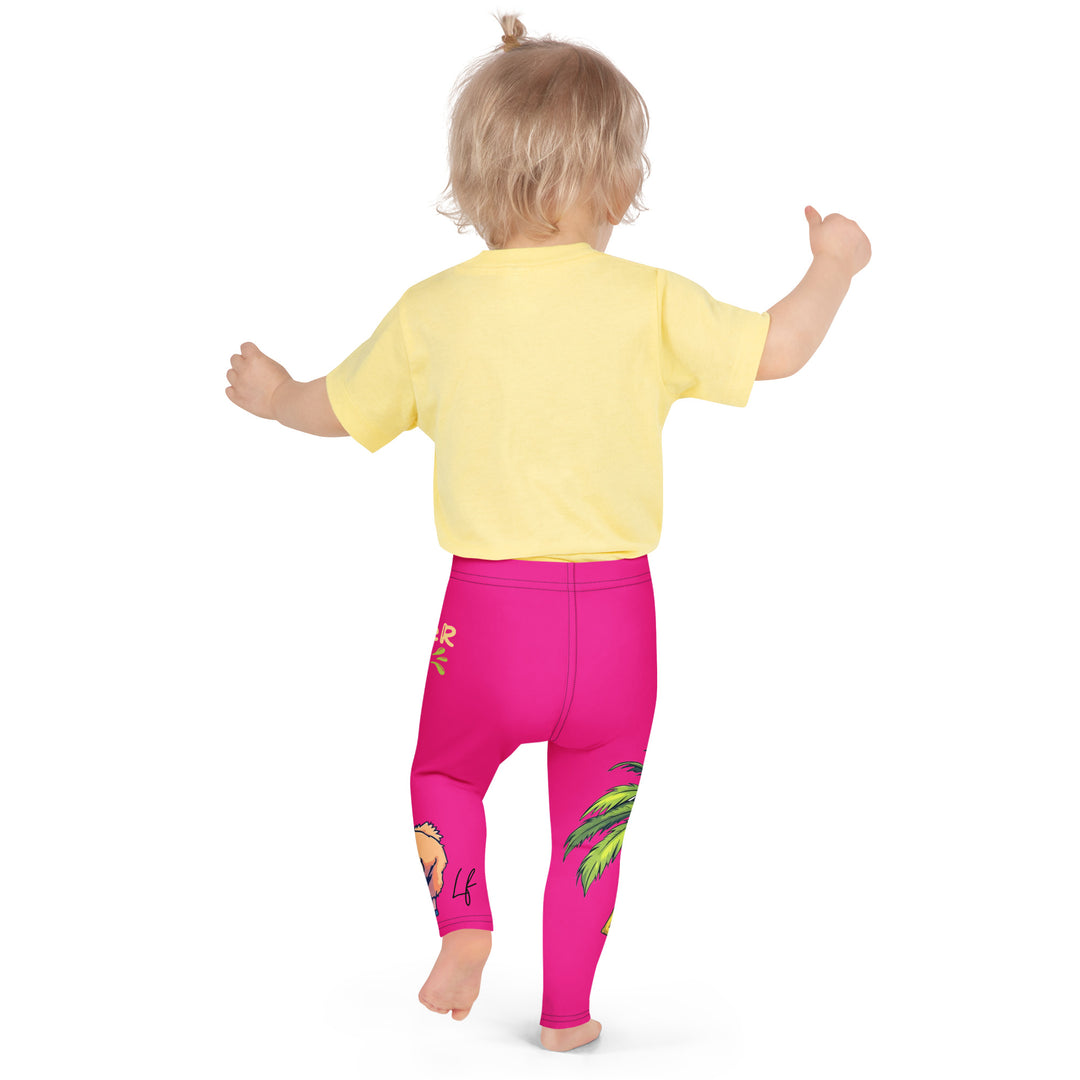 Palma Llama Girls Leggings, pink background with a palm tree wearing sunglasses and holding a cocktail on one leg, and a llama with sunglasses and "SUMMER VIBES" text above on the other leg, designs covering almost the full length of each leg, back pose on model