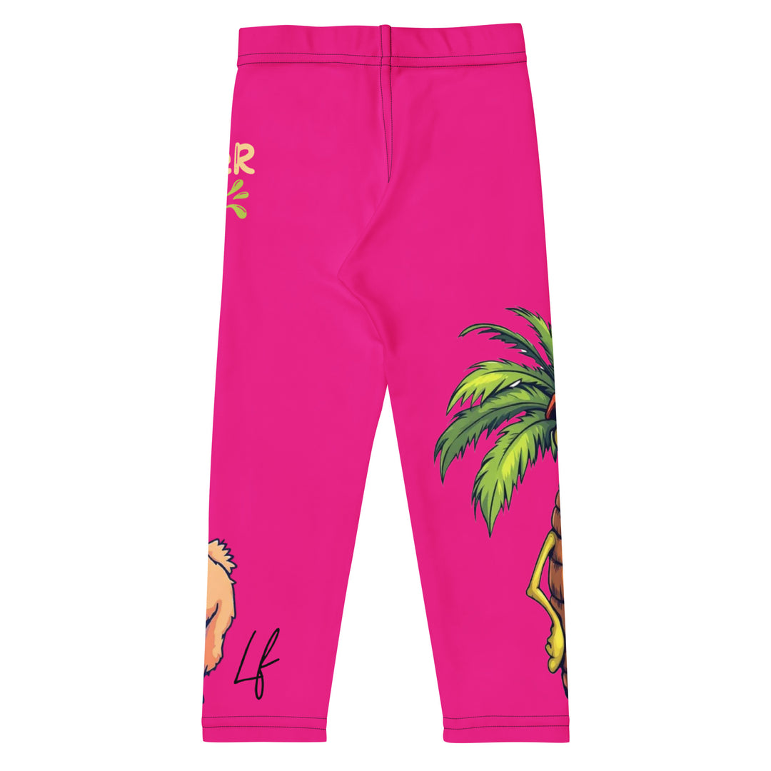 Palma Llama Girls Leggings, pink background with a palm tree wearing sunglasses and holding a cocktail on one leg, and a llama with sunglasses and "SUMMER VIBES" text above on the other leg, designs covering almost the full length of each leg, back view