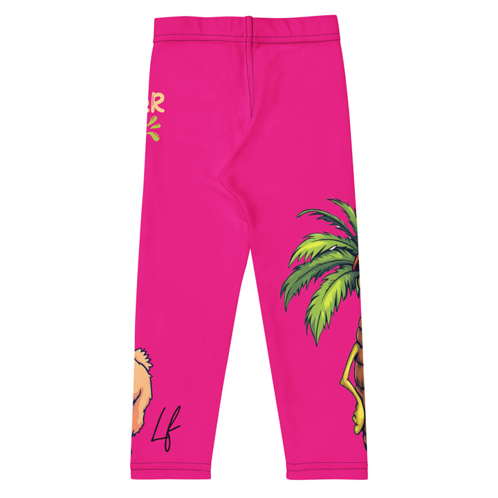 Palma Llama Girls Leggings, pink background with a palm tree wearing sunglasses and holding a cocktail on one leg, and a llama with sunglasses and "SUMMER VIBES" text above on the other leg, designs covering almost the full length of each leg, back view